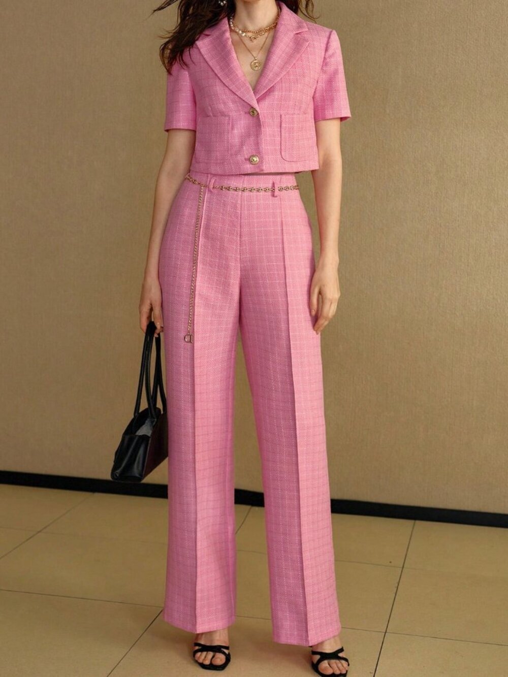 Pink Casual Women's Plaid Print Straight Leg Suit Pants with Chain Belt